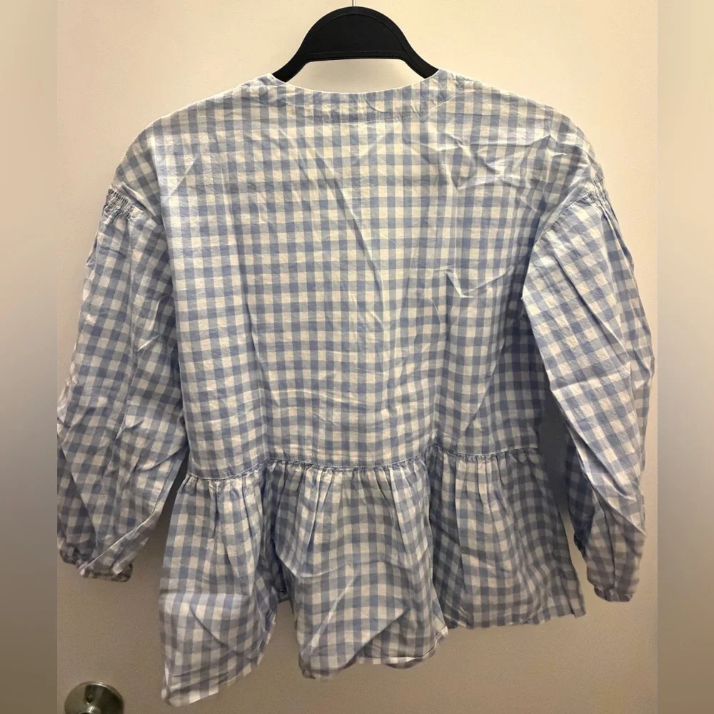 Madewell Blue & White Gingham Wrap Peplum Blouse – XS